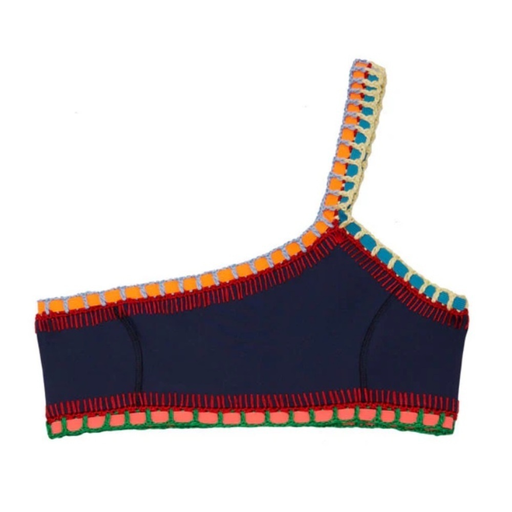 KIINI Navy One-Shoulder Bikini Top with Orange, Teal, Red and Green Crochet Trim